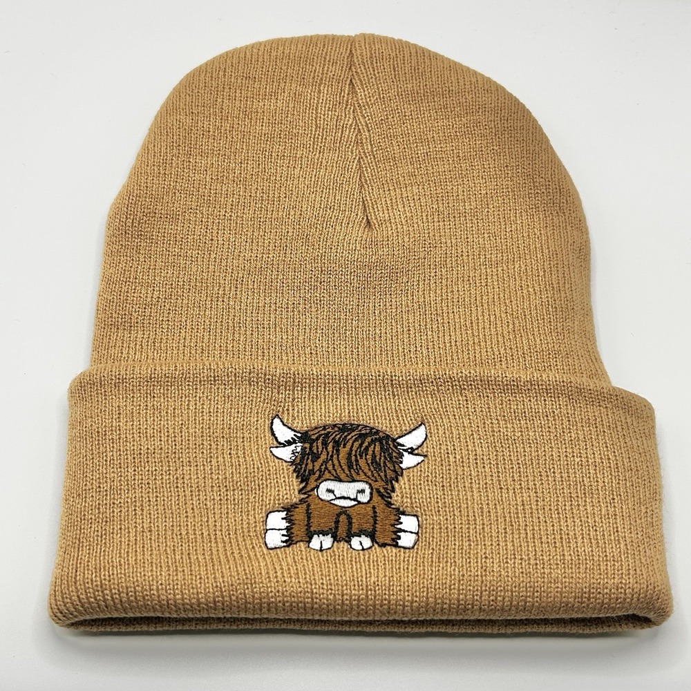 Highland Cow Cattle Cartoon Animal Beanie Hat Cap Knit Cuff Brown Outdoors